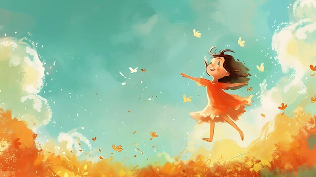 Little girl running through a field of flowers on a sunny day she is wearing a red dress and has her arms outstretched