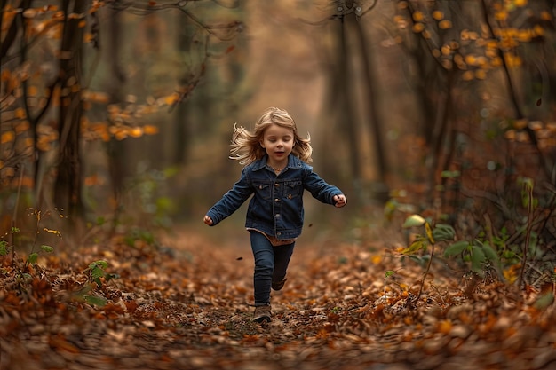 葉っぱで覆われた森を走る小さな女の子