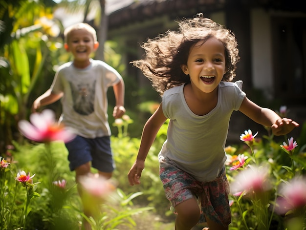 Little girl running with her friend