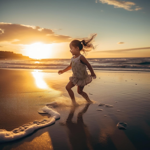 A little girl runs on the beach at sunset.