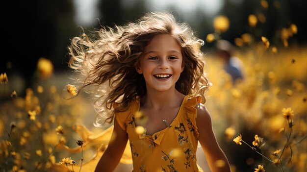 작은 소녀가  ⁇ 꽃 ⁇  사이에서 행복하게 달리고 있습니다.