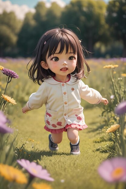 小さな女の子が花畑を駆け抜けます。