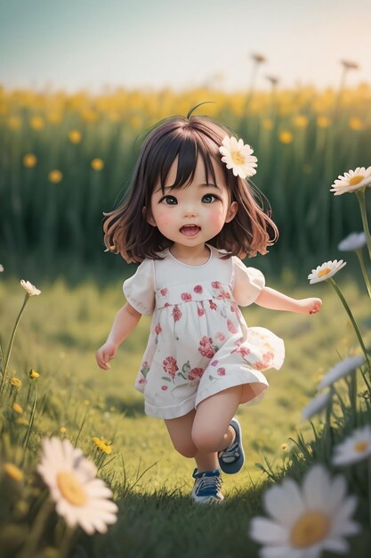 A little girl runs through a field of flowers.