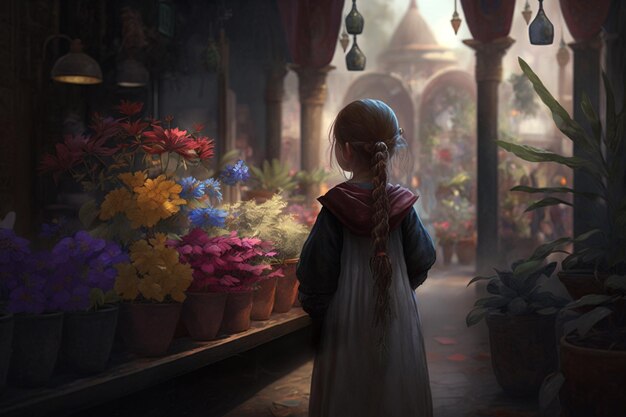 Little Girl at a Rustic Flower Stand with Colorful Blossoms A Mystical Magical Enchanting Scene