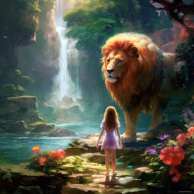 Photo a little girl's enchanting adventure a dress a lion and the majestic wonders of a magical forest