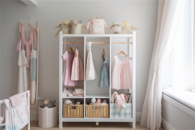 Photo little girl's room with wardrobe with clothes ai generated content