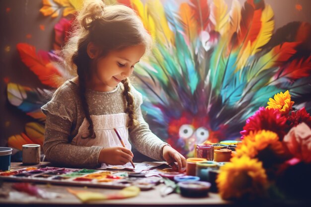 Photo little girl's thanksgiving folk floral activities