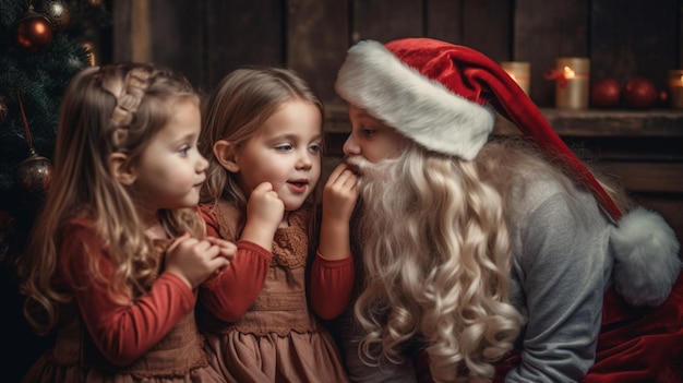 A little girl in santa hat talks to a little girl.