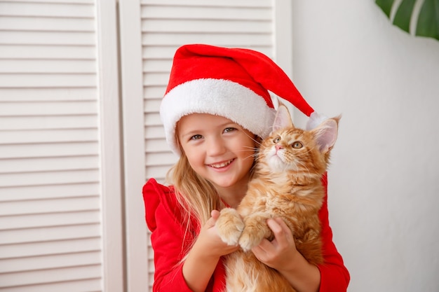 little girl in a Santa hat with a cat