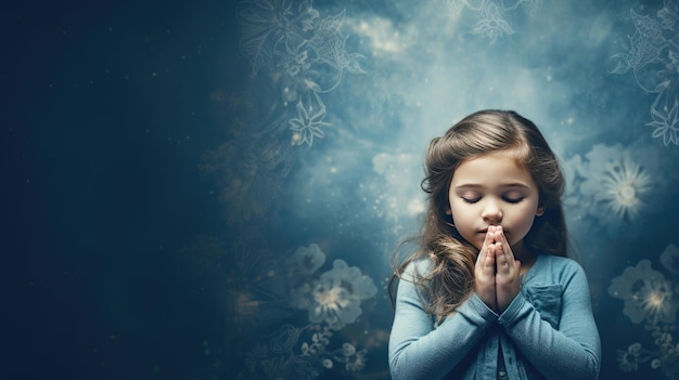 Маленькая девочка молится с закрытыми глазами.