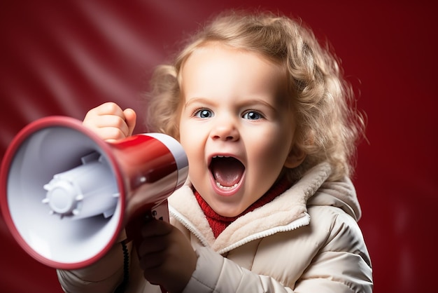 Little girl screaming into loudspeaker isolated on red background Copy space