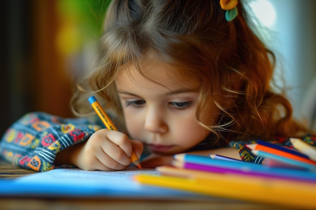 Photo a little girl seated at a table diligently writing on a piece of paper engrossed in task she represents focus and determination of a child engaged in drawing for educational or hobby purposes