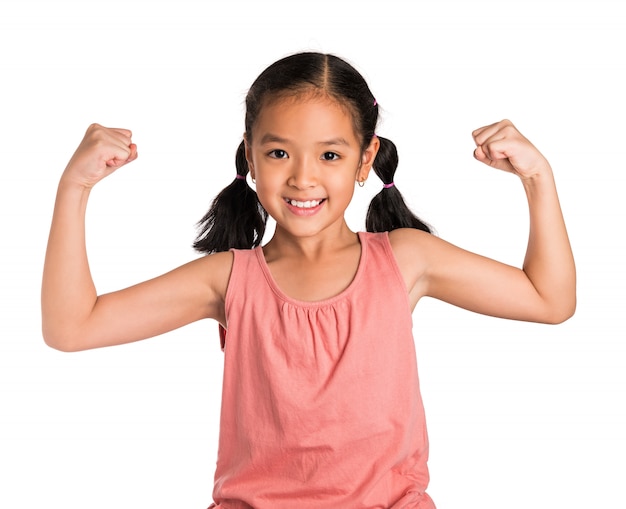 Photo little girl shows her strong