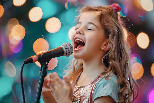 A little girl singing into a microphone with her mouth open | Premium  AI-generated image