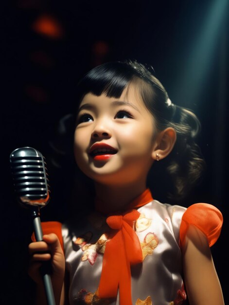 Foto una ragazzina che canta in un microfono