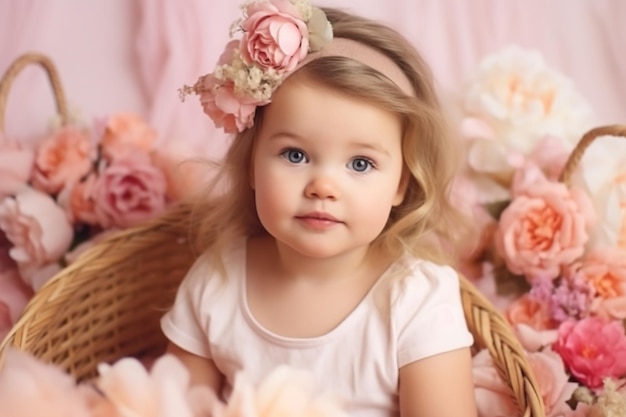 A little girl sits in a basket with flowers on it.