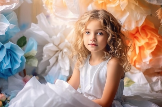 A little girl sits in a bed with a large sheet of paper in the background.