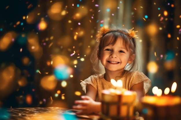 A little girl sits in front of a christmas candle