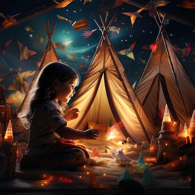 a little girl sits in front of a tent with a little girl sitting in front of it