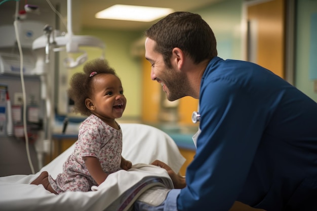어린 소녀가 병원 침대에 앉아 있으며, 한 남자가 의사와 소아과 의사와 함께 병원에 있는 환자와 이야기하고 있다.
