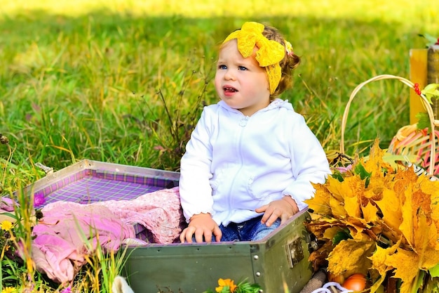 A little girl sits in an old suitcase with an autumn composition against the background of an autumn