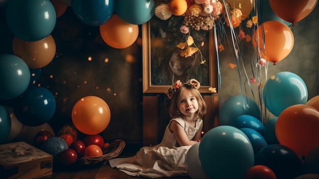 A little girl sits in a room full of balloons.