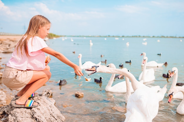 Little girl sitting on the beach with swans