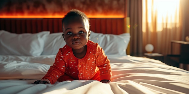 Little Girl Sitting on Bed