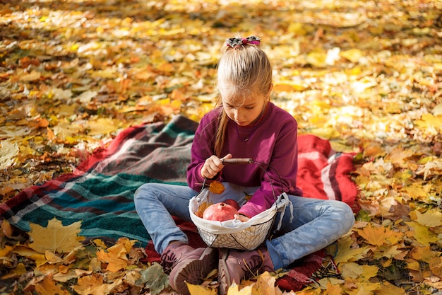 Little girl sitting on a bedspread with a basket of apples in autumn park