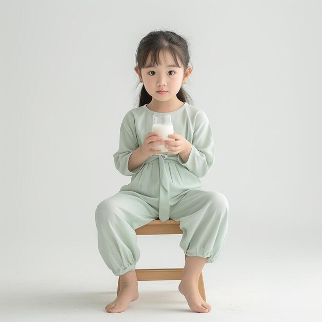 a little girl sitting on a chair holding a glass of milk