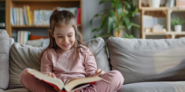 Little girl sitting on couch reading a book