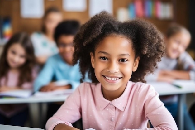 a little girl sitting at a desk in a classroom