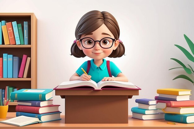 little girl sitting at desk reading books Student girl studying or preparing for an exam Vector illustration isolated on white background3d animation style carton