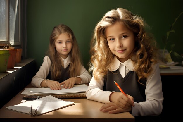 A Little Girl Sitting at a Desk While Another Little Girl