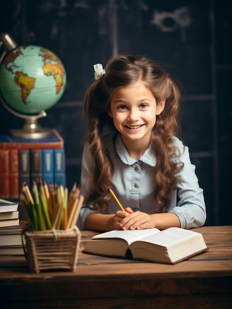 a little girl sitting at a desk with a book and pencil