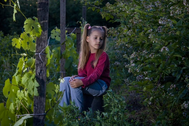 Little girl sitting in the evening garden near the grapes