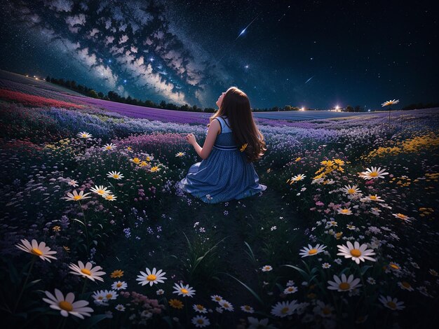 A little girl sitting in a field of flowers