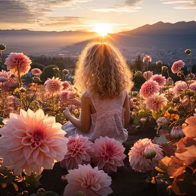 a little girl sitting in a field of flowers