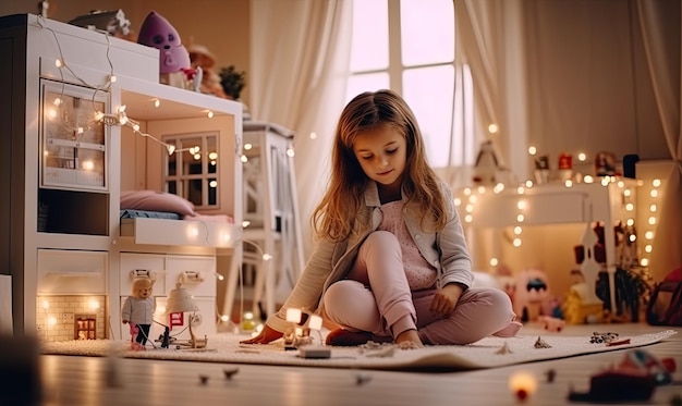 A little girl sitting on the floor playing with her toys