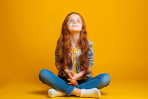 Foto piccola ragazza seduta sul pavimento sullo sfondo giallo emozioni