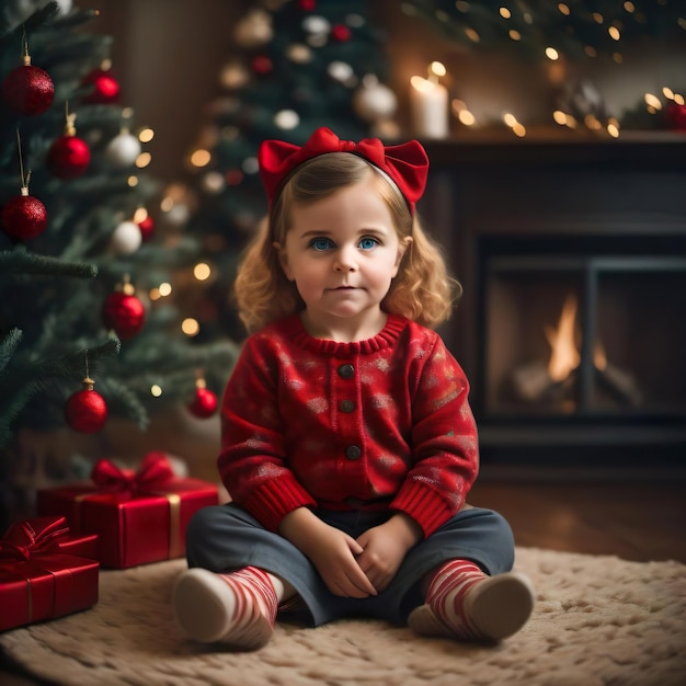 A little girl sitting in front of a christmas tree