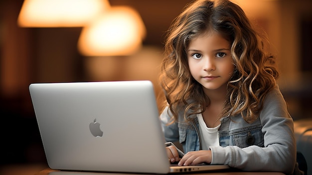 a little girl sitting in front of her laptop shcool theme background