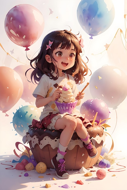 風船の本の表紙の背景イラストと巨大なケーキ アイスクリームの上に座っている小さな女の子
