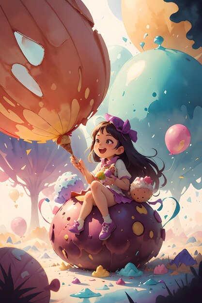 Foto una bambina seduta sul gelato gigante della torta con l'illustrazione del fondo della copertina del libro dei palloncini