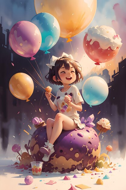 Маленькая девочка сидит на гигантском торте-мороженом с воздушными шарами, обложка книги, фоновая иллюстрация