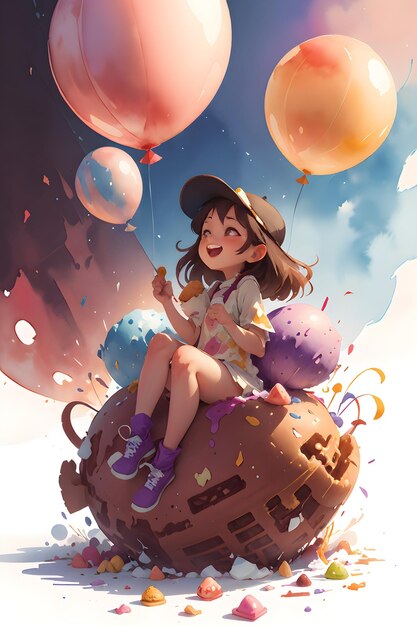 A little girl sitting on the giant cake ice cream with balloons book cover background illustration