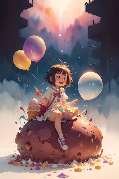 Photo a little girl sitting on the giant cake ice cream with balloons book cover background illustration