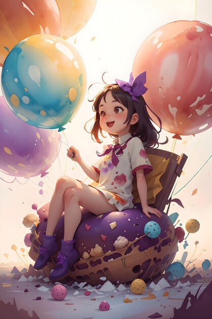 風船の本の表紙の背景イラストと巨大なケーキ アイスクリームの上に座っている小さな女の子