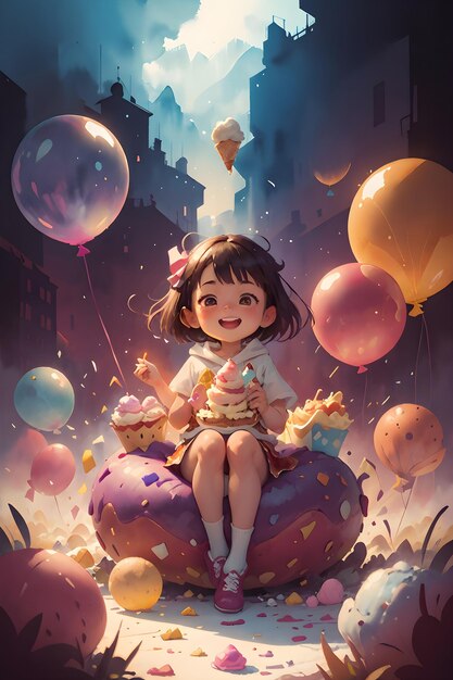 A little girl sitting on the giant cake ice cream with balloons book cover background illustration