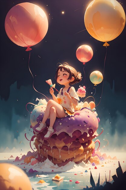 A little girl sitting on the giant cake ice cream with balloons book cover background illustration